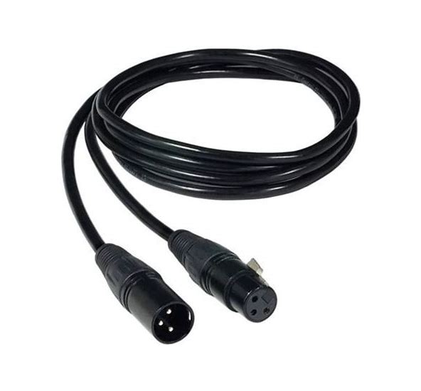 Black audio cable with XLR connectors on a white background